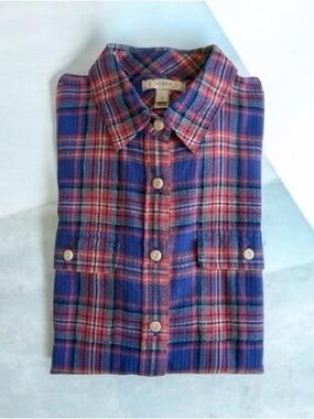 J Crew Long-Sleeve Plaid Button-Down Shirt EUC Blue/Pink Sz 6